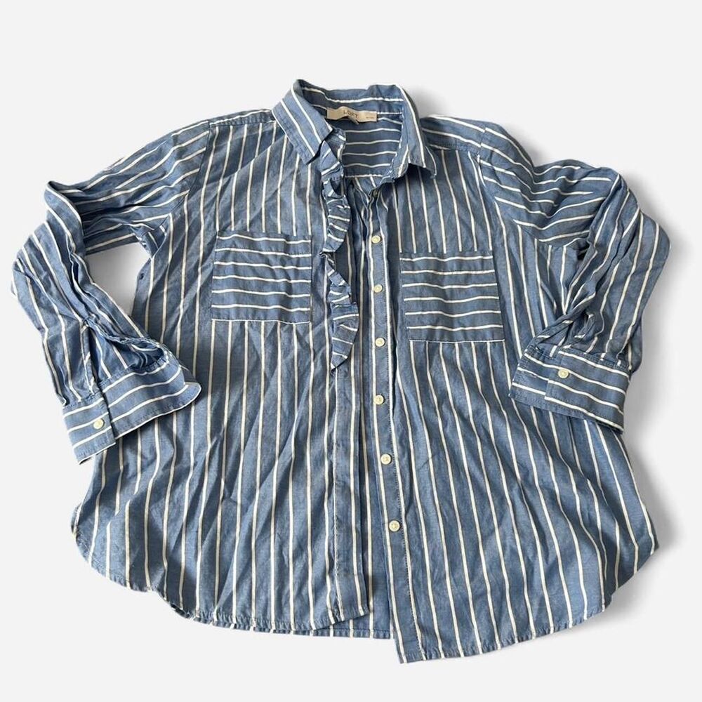 Blue and White Stripped Button Up Blouse with Ruffle Detail